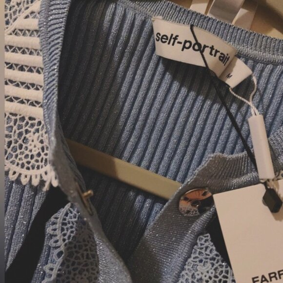 NWT Self- Portrait Light Blue Collar Lace Dress with Bow and Ruffle, Ribbed 38 - Picture 5 of 5